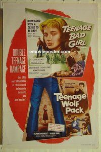 s319 TEENAGE BAD GIRL/TEENAGE WOLF PACK one-sheet movie poster '57 cool!