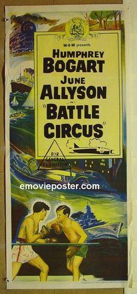 t170 MGM stock Aust daybill 1950s stone litho art of boxers fighting, car chase & more, Battle Circus