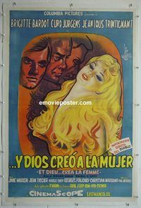 y191 AND GOD CREATED WOMAN linen Argentinean movie poster '57 Bardot