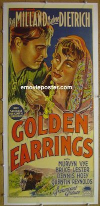 y077 GOLDEN EARRINGS linen Australian daybill movie poster '47 Dietrich