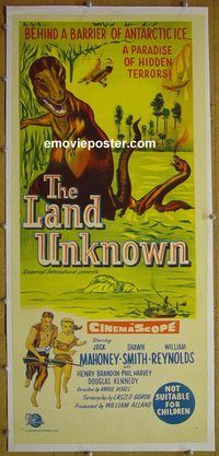 y083 LAND UNKNOWN linen Australian daybill movie poster '57 dinosaurs!