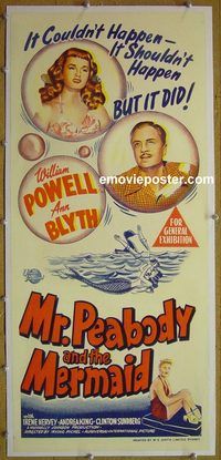 y091 MR PEABODY & THE MERMAID linen Australian daybill movie poster '48 Blyth