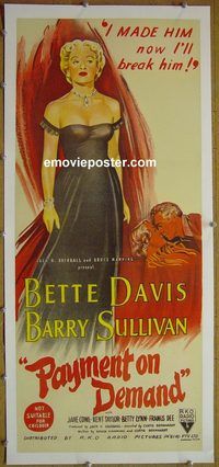 y095 PAYMENT ON DEMAND linen Australian daybill movie poster '51 Bette Davis