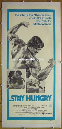 y105 STAY HUNGRY linen Australian daybill movie poster '76 Schwarzenegger