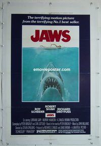 y379 JAWS linen one-sheet movie poster '75 Steven Spielberg, Scheider