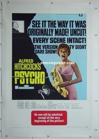 y432 PSYCHO linen one-sheet movie poster R69 Leigh, Perkins, Hitchcock