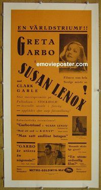 y250 SUSAN LENOX linen Swedish insert movie poster '31