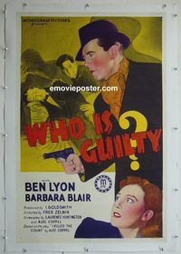 y481 WHO IS GUILTY linen one-sheet movie poster '39 Ben Lyon, murder mystery