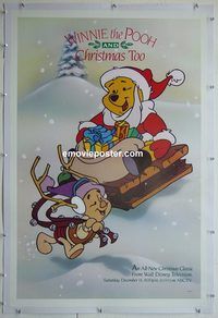y484 WINNIE THE POOH & CHRISTMAS TOO linen TV one-sheet movie poster '91
