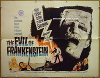 z235 EVIL OF FRANKENSTEIN half-sheet movie poster '64 Peter Cushing
