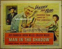 z515 MAN IN THE SHADOW half-sheet movie poster '58 Chandler,Welles