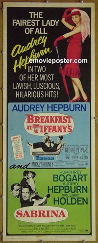 a122 BREAKFAST AT TIFFANY'S/SABRINA insert movie poster '65 Hepburn