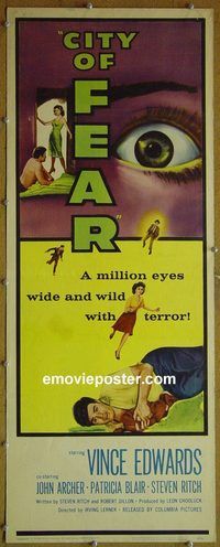 a173 CITY OF FEAR insert movie poster '59 crazy Vince Edwards!