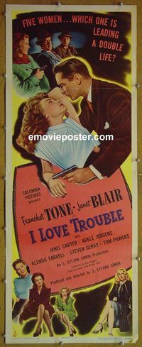 a416 I LOVE TROUBLE insert movie poster '47 Franchot Tone, Blair