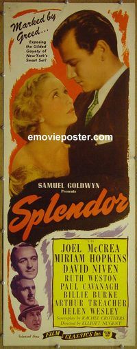 a872 SPLENDOR insert movie poster R40s Miriam Hopkins, McCrea