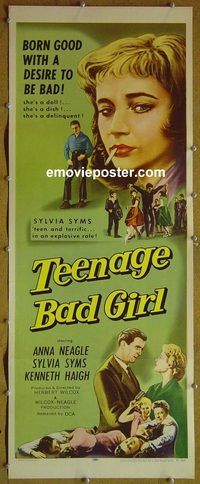 a937 TEENAGE BAD GIRL insert movie poster '57 classic image!