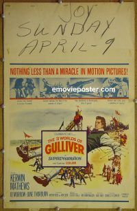 d005 3 WORLDS OF GULLIVER window card movie poster '60 Ray Harryhausen