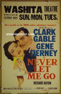 d111 NEVER LET ME GO window card movie poster '53 Clark Gable, Gene Tierney