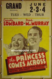 d132 PRINCESS COMES ACROSS window card movie poster '36 Lombard, MacMurray