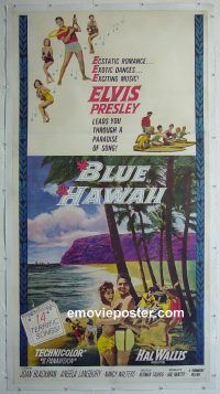 e012 BLUE HAWAII linen three-sheet movie poster '61 Elvis Presley