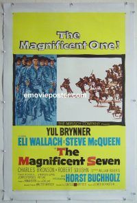 e158 MAGNIFICENT SEVEN linen one-sheet movie poster '60 Yul Brynner, McQueen
