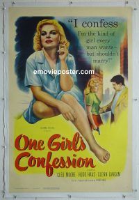 e164 ONE GIRL'S CONFESSION linen one-sheet movie poster '53 bad Cleo Moore!