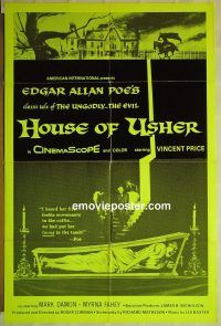 f512 HOUSE OF USHER one-sheet movie poster R1970s Poe's tale of the ungodly & evil, Brown art, day-glo green!
