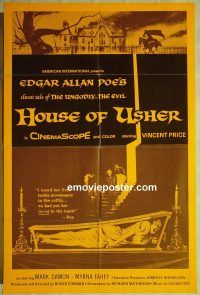 f513 HOUSE OF USHER one-sheet movie poster R1970s Poe's tale of the ungodly & evil, Brown art, orange!