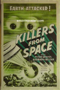f558 KILLERS FROM SPACE one-sheet movie poster '54 Peter Graves, sci-fi!
