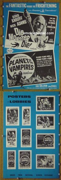 g264 DIE MONSTER DIE/PLANET OF THE VAMPIRES vintage movie pressbook '65