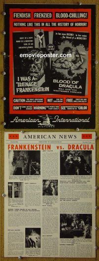 g426 I WAS A TEENAGE FRANKENSTEIN/BLOOD OF DRACULA vintage movie pressbook '57