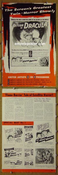 g642 RETURN OF DRACULA/FLAME BARRIER vintage movie pressbook '58 horror!