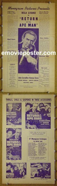 g644 RETURN OF THE APE MAN vintage movie pressbook '44 Bela Lugosi, Carradine