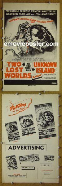 g715 TWO LOST WORLDS/UNKNOWN ISLAND vintage movie pressbook '50s sci-fi!