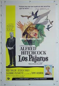 h035 BIRDS linen Spanish/U.S. one-sheet movie poster '63 Hitchcock, Taylor