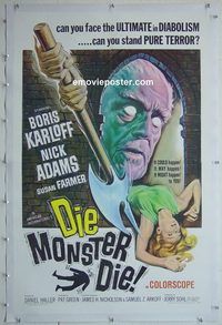 h011 DIE MONSTER DIE linen one-sheet movie poster '65 Boris Karloff, AIP