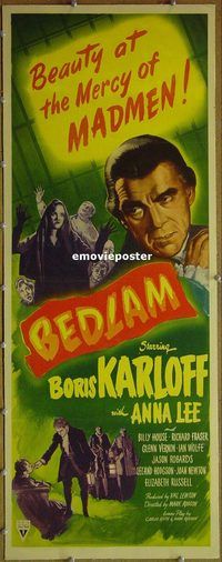 h002 BEDLAM linen insert movie poster '46 Boris Karloff, Anna Lee