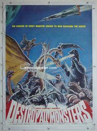 h049 DESTROY ALL MONSTERS linen Japanese export movie poster '69 Godzilla!