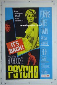 h025 PSYCHO linen one-sheet movie poster R65 Leigh, Perkins, Hitchcock