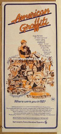 p035 AMERICAN GRAFFITI Aust daybill '73 George Lucas teen classic, it was the time of your life!