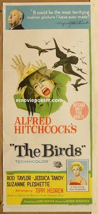 p104 BIRDS Australian daybill movie poster '63 Alfred Hitchcock, Rod Taylor
