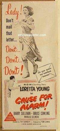 p199 CAUSE FOR ALARM Australian daybill movie poster '50 Loretta Young