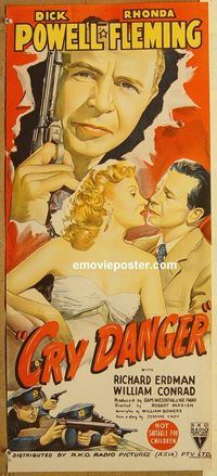 p265 CRY DANGER Australian daybill movie poster '51 Dick Powell, film noir!