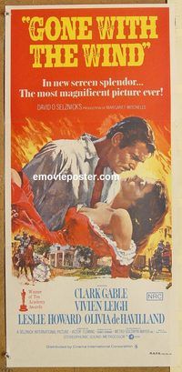 p442 GONE WITH THE WIND #2 Australian daybill movie poster R70s Gable, Leigh