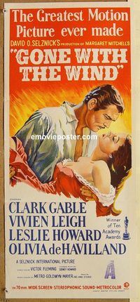 p440 GONE WITH THE WIND Australian daybill movie poster R68 Gable, Leigh