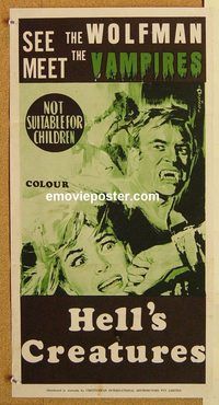 p485 HELL'S CREATURES Australian daybill movie poster '68 wolfman, vampire!