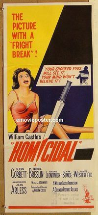 p497 HOMICIDAL Australian daybill movie poster '61 William Castle horror!