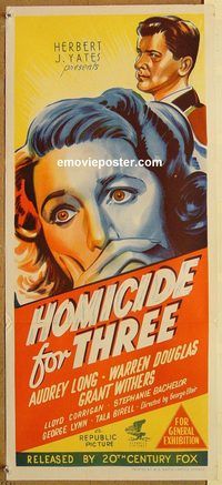 p498 HOMICIDE FOR THREE Australian daybill movie poster '48 Audrey Long