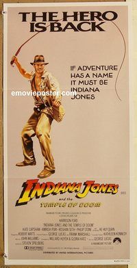 p526 INDIANA JONES & THE TEMPLE OF DOOM Hero is Back style Australian daybill movie poster '84