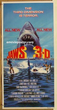 p545 JAWS 3-D Australian daybill movie poster '83 cool shark image!